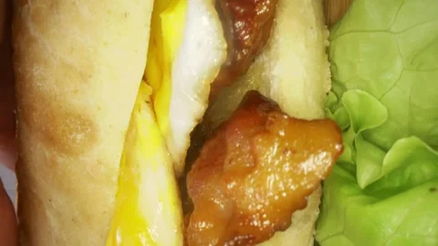 11 sandwich with bacon cheese egg and chilli sauce Birds of Prey close up Stock Footage 221127286