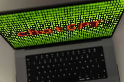 11.04.2023, Grüner Binär-Code auf Bildschirm mit Schriftzug chatGPT 11.04.. Stock-Fotos