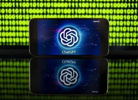 11.04.2023, Grüner Binär-Code auf Bildschirm mit Schriftzug chatGPT 11.04.. Stock-Fotos