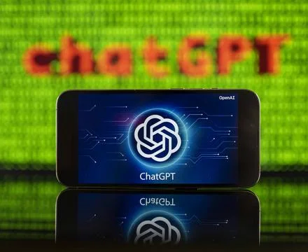 11.04.2023, Grüner Binär-Code auf Bildschirm mit Schriftzug chatGPT 11.04.. Stock Photos