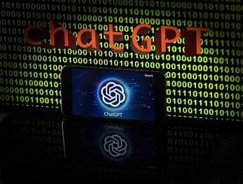 11.04.2023, Grüner Binär-Code auf Bildschirm mit Schriftzug chatGPT 11.04.. Stock-Fotos