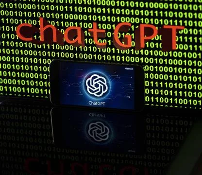 11.04.2023, Grüner Binär-Code auf Bildschirm mit Schriftzug chatGPT 11.04.. Stock Photos