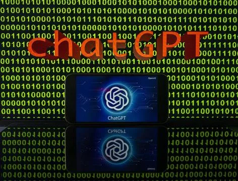 11.04.2023, Grüner Binär-Code auf Bildschirm mit Schriftzug chatGPT 11.04.. Stock-Fotos