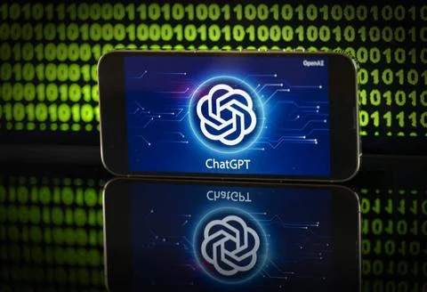 11.04.2023, Grüner Binär-Code auf Bildschirm mit Schriftzug chatGPT 11.04.. Stock-Fotos