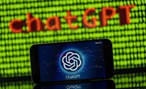 11.04.2023, Grüner Binär-Code auf Bildschirm mit Schriftzug chatGPT 11.04.. Stock-Fotos