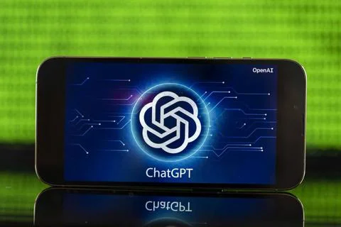 11.04.2023, Grüner Binär-Code auf Bildschirm mit Schriftzug chatGPT 11.04.. Stock-Fotos