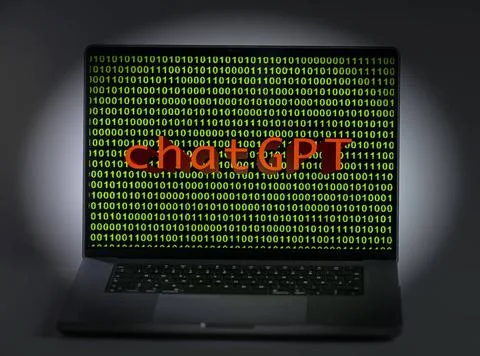 11.04.2023, Grüner Binär-Code auf Apple-Laptop Bildschirm mit Schriftzug c. Stock-Fotos