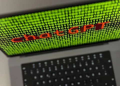 11.04.2023, Grüner Binär-Code auf Bildschirm mit Schriftzug chatGPT 11.04.. Stock-Fotos