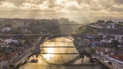 [Hyperlapse] Sunrise over Dauro river in Porto, Portugal 4k aerial drone skyline