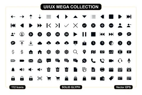 112 UI UX Mega Collection Solid Glyph Icons Set. Vector Filled Interface Sy.. 库存插图
