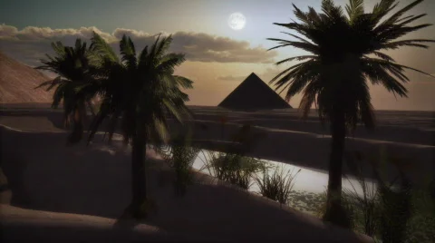 (1122) Egyptian Pyramids Desert Sunset Full Moon Day Night Oasis LOOP Vídeo Stock 532437