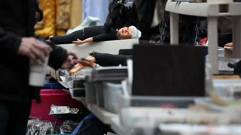 1124. Down the memory lane in a flea market, doll, photo album Stock Footage 92217035