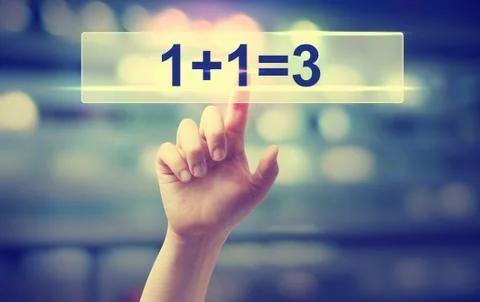 1+1=3 concept with hand pressing a button Stock Photos