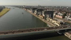Drone aerial of iconic Cologne cityscape: Rheinhafen, Kranhaus & Severinsbrücke