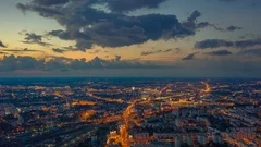 sunset night illumination minsk center aerial panorama 4k timelapse belarus