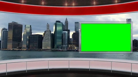 118 HD News TV Virtual Studio Green Screen Background red globe Cityscape Mon Stock Footage 87907053