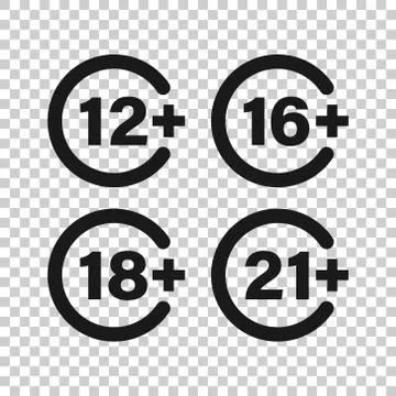 12, 16, 18, 21 plus icon in flat style. Censorship vector illustration on whi Illustrazione stock