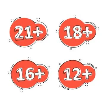12, 16, 18, 21 plus icon in comic style. Censorship cartoon vector illustrati Illustrazione stock