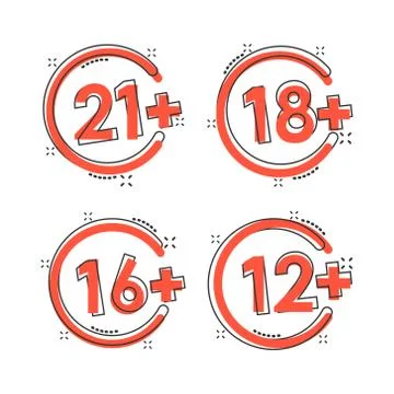 12, 16, 18, 21 plus icon in comic style. Censorship cartoon vector illustrati イラスト素材