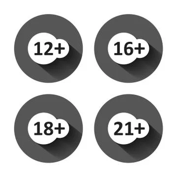 12, 16, 18, 21 plus icon in flat style. Censorship vector illustration on bla イラスト素材
