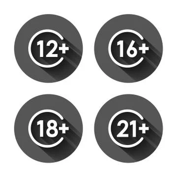 12, 16, 18, 21 plus icon in flat style. Censorship vector illustration on bla 스톡 일러스트