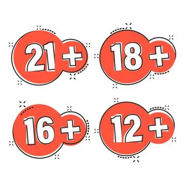 12, 16, 18, 21 plus icon in comic style. Censorship cartoon vector illustrati Stock Illustration