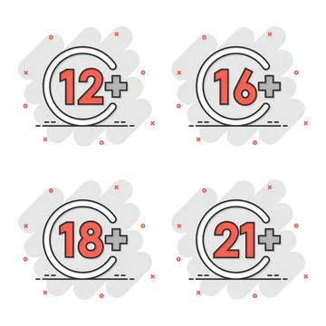12, 16, 18, 21 plus icon in comic style. Censorship cartoon vector illustrati Illustrazione stock