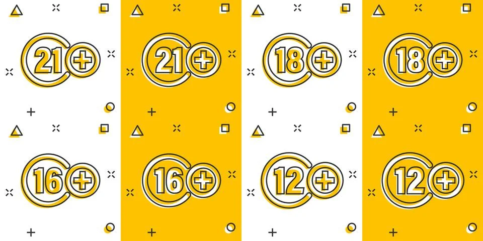 12, 16, 18, 21 plus icon in comic style. Censorship cartoon vector illustrati Illustrazione stock