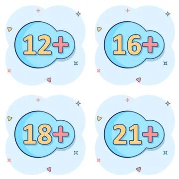 12, 16, 18, 21 plus icon in comic style. Censorship cartoon vector illustrati Illustrazione stock