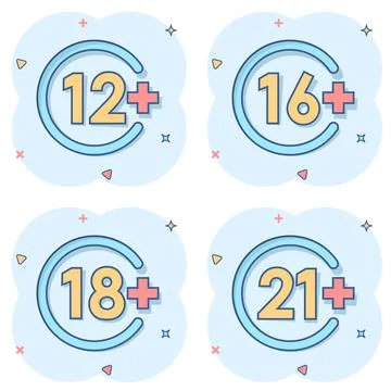 12, 16, 18, 21 plus icon in comic style. Censorship cartoon vector illustrati 库存插图