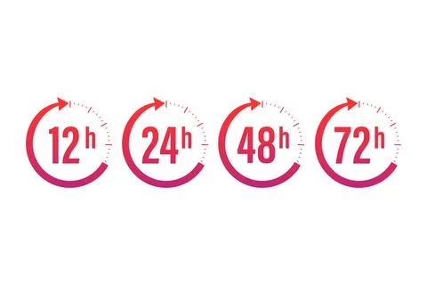 12, 24, 48, 72 hours clock arrow. Work time effect or delivery service time 스톡 일러스트