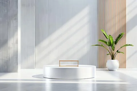 12. 3D modern studio with a minimalistic podium, cylindrical geometric scene, Stock Photos
