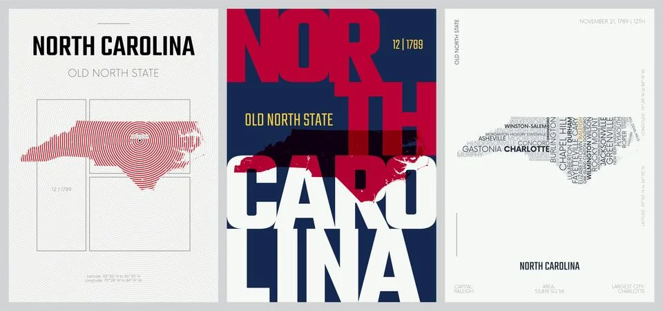 12 of 50 sets, US State Posters with name and Information in 3 Design Styles, Stock Illustration