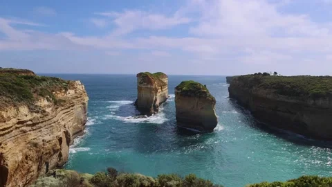 12 Apostles, Limestone rock stacks Tom and Eva, Loch Ard Gorge in National Park Stock Footage 346649041