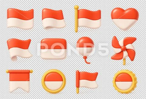 12 Collection of indonesian flags and icons for independence day on transparent PSD 템플릿