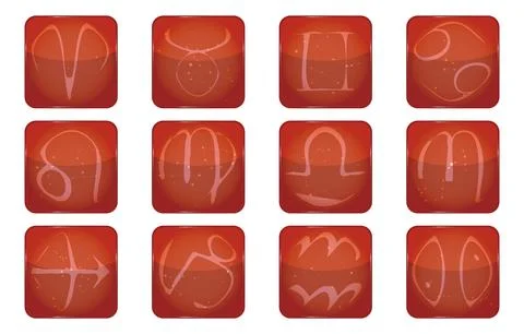 12 constellations red button icon set, plus star shape Illustrazione stock
