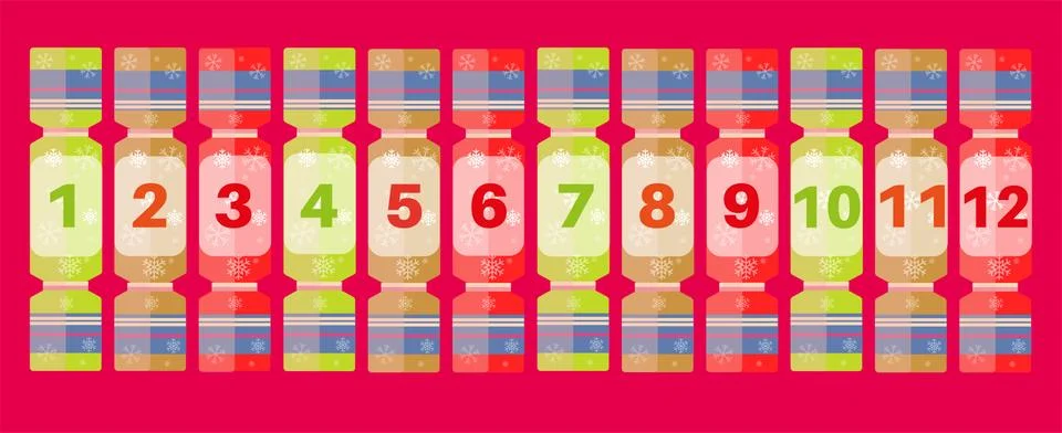 The 12 Days of Christmas - Festive numbered crackers on a red background Stock Illustration