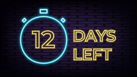 12 days left. Vector with days remaining in blue neon with yellow. Illustrazione stock