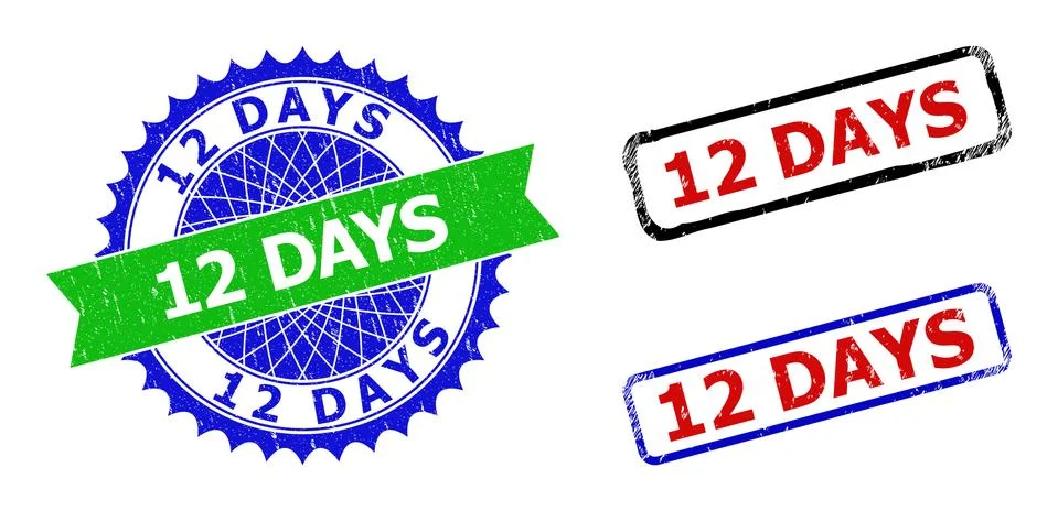 12 DAYS Rosette and Rectangle Bicolor Stamp Seals with Grunged Styles Stock Illustration