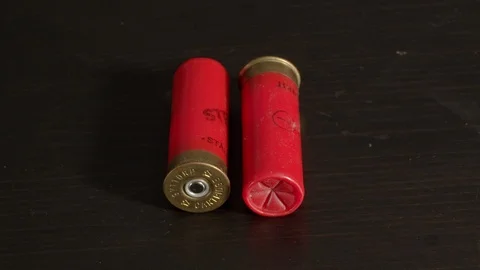 Red Shotgun Shell Casings. Placed On A Wooden Table Stock Photo