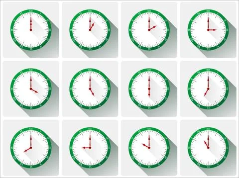12 green vector clocks Illustrazione stock