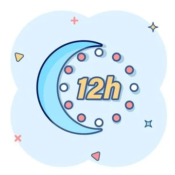 12 hour clock icon in comic style. Timer countdown cartoon vector illustrat.. Illustrazione stock