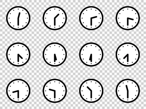 12 hour set of simple clock icons showing 30 minutes each hour Stock Illustration