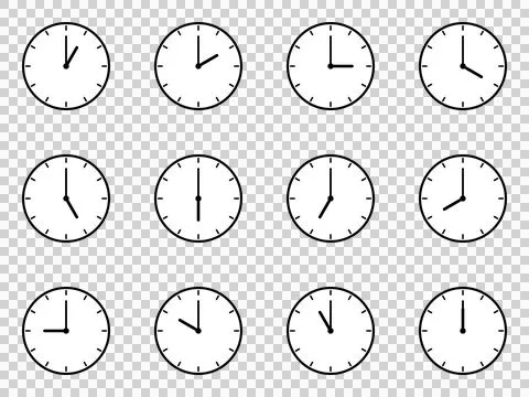A 12-hour set of simple clock icons indicating the 0th minute of each hour. Stock Illustration