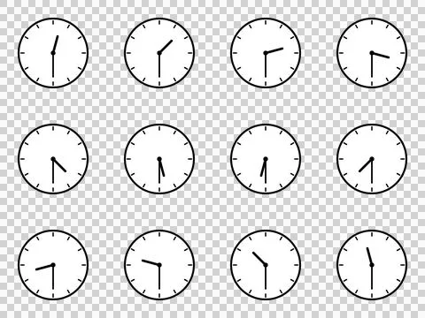 12 hour set of simple clock icons showing 30 minutes each hour 스톡 일러스트