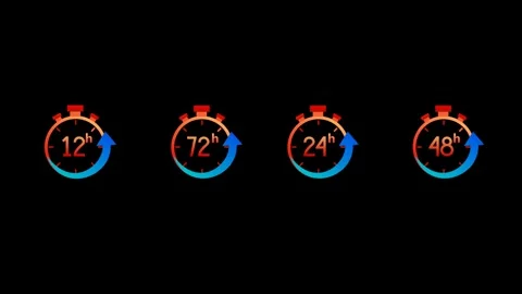 12 hours, 24 hours, 48 hours, and 72 hours set of animated stopwatches. Desi Stock Footage 317692878
