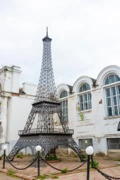 12-meter replica of the Eiffel tower made of metal. Kuvshinovo. Stock Photos