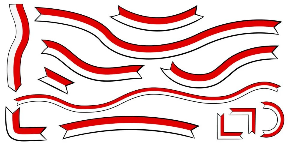 12 Simple Vector Flat Color Red and White Ribbon, Black Outline, For Indonesi Stock Illustration