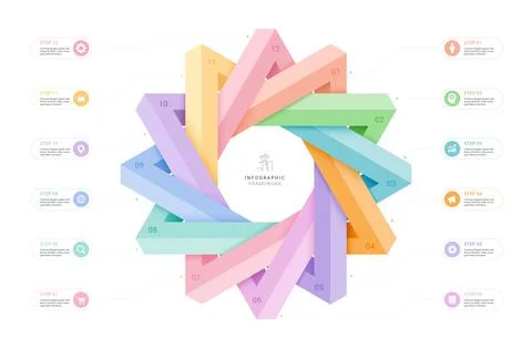 12 Step Circular Process Infographic Template Background with 3D Workflow F.. Stock Illustration