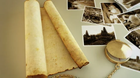 12 Unfolding scroll, compass and photos 스톡 동영상 5298742
